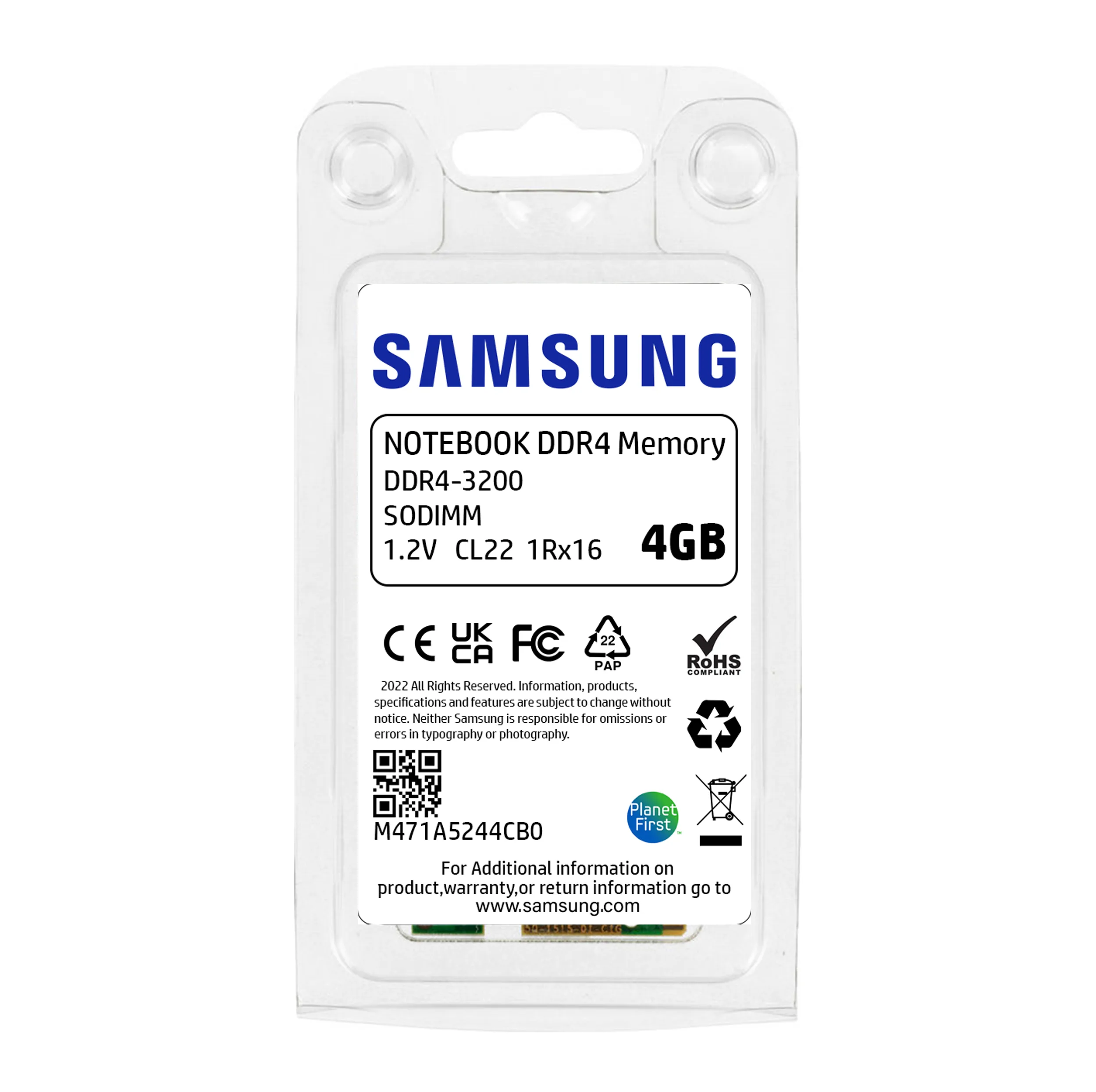 رم لپ تاپ DDR4 تک کاناله 3200 مگاهرتز CL22 سامسونگ مدل M471A5244CB0 ظرفیت 4 گیگابایت