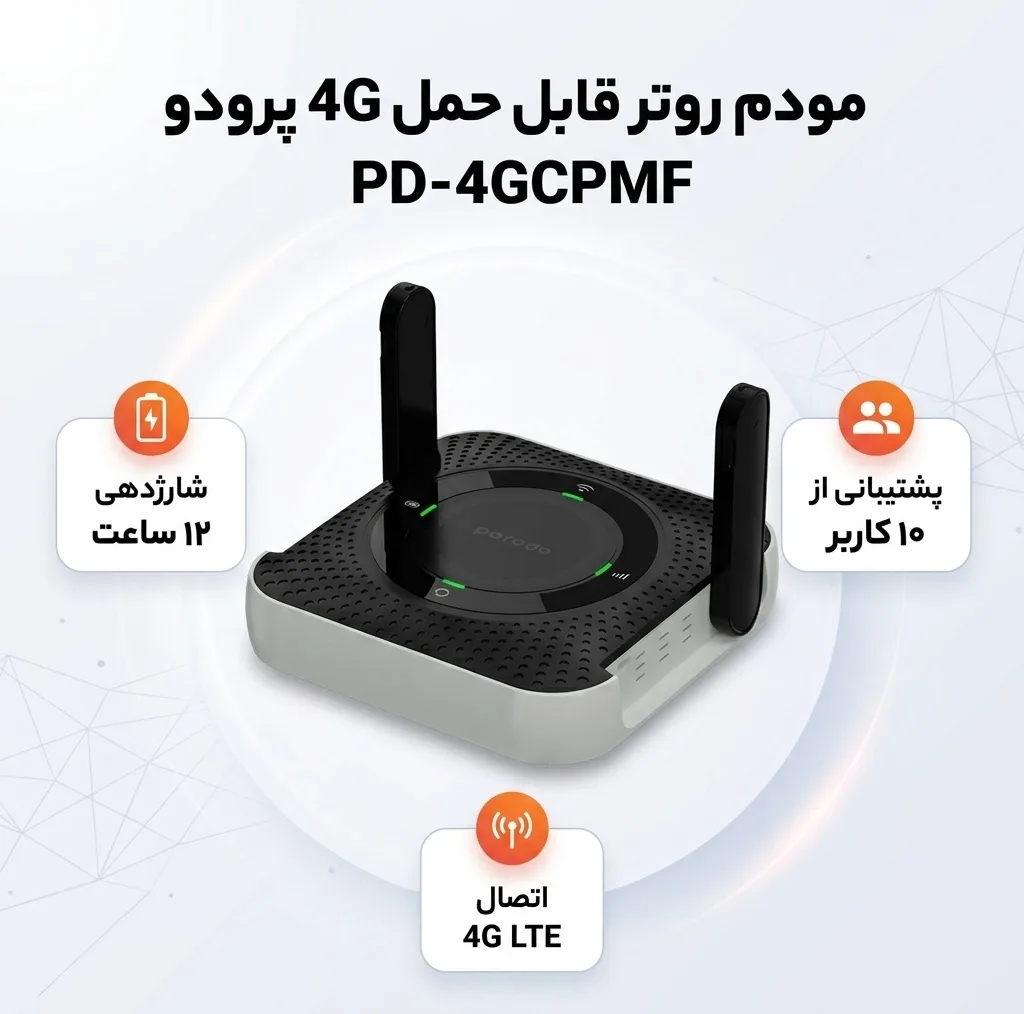 مودم روتر قابل حمل 4G پرودو مدل PD-4GCPMF با باتری 4000 میلی‌آمپر، شارژدهی 12 ساعت، پشتیبانی تا 10 کاربر، پورت LAN، اتصال سیمی و بی‌سیم، فرکانس 2.4 گیگاهرتز و سرعت دانلود 150 مگابیت بر ثانیه