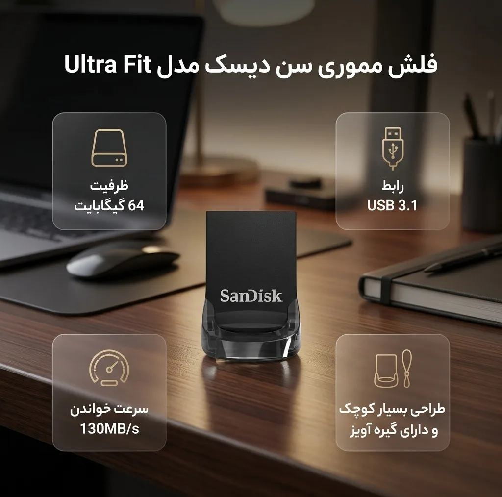 فلش مموری 64GB سن دیسک Ultra Fit با رابط USB 3.1، سرعت خواندن تا 130MB/s، اندازه بسیار کوچک و گیره اتصال بند آویز