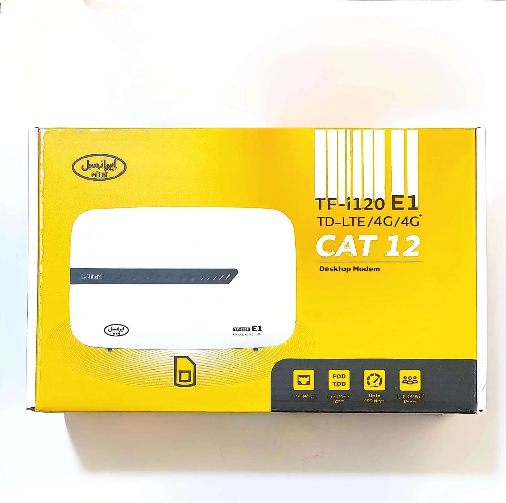 مودم 4G ایرانسل مدل TF-i120 E1 با فناوری LTE Cat 12، سرعت دانلود 600 مگابیت بر ثانیه، آپلود 100 مگابیت بر ثانیه، وای‌فای دوبانده 2.4 و 5.8 گیگاهرتز، پشتیبانی همزمان 50 کاربر، چهار پورت اترنت، مناسب استفاده خانگی و اداری