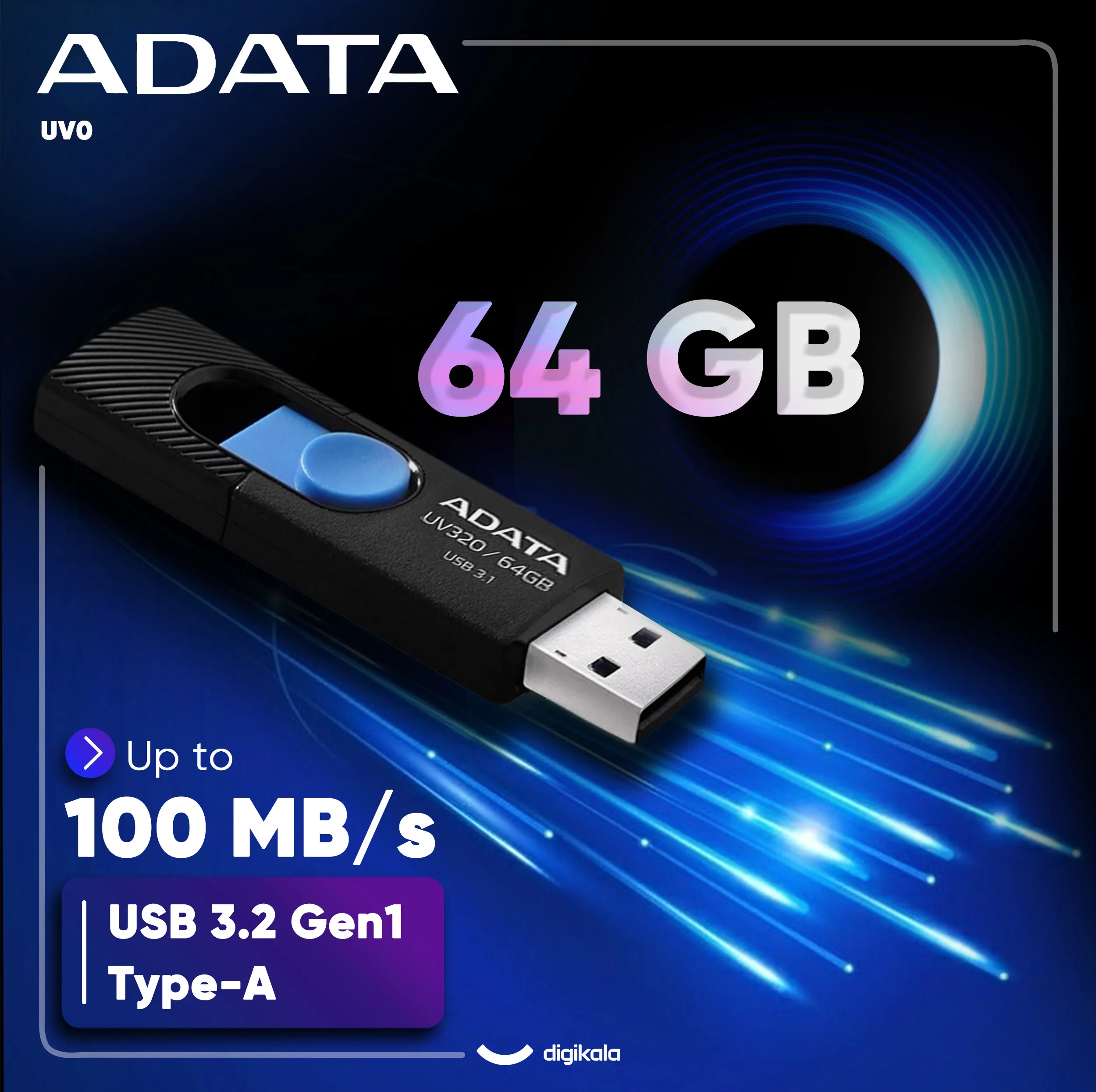 فلشمموری کشویی ای دیتا مدل UV320 ظرفیت 64 گیگابایت با رابط USB 3.2 Gen1 سرعت انتقال تا 10 گیگابیت بر ثانیه و سازگار با ویندوز، مک، لینوکس، گوشی و تلویزیون