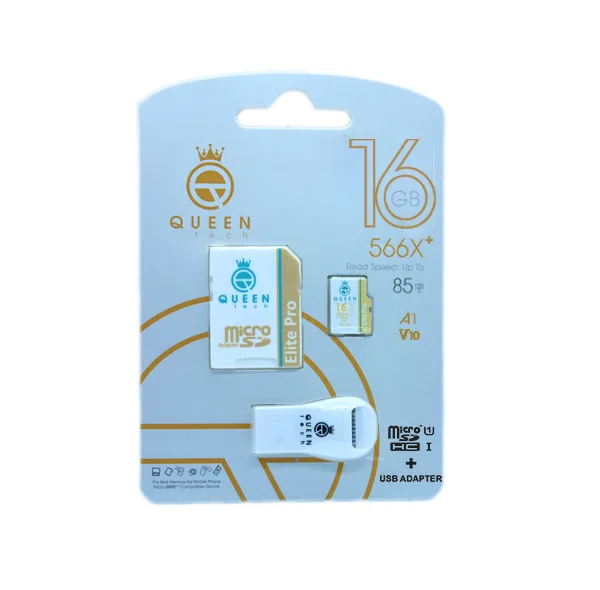 کارت حافظه Micro SDHC کوئین تک مدل Eite pro V10-566X PLUS کلاس 10 استاندارد UHS-l U1 سرعت 85mbps ظرفیت 16 گیگابایت به همراه آداپتور SD و کارت خوان USB