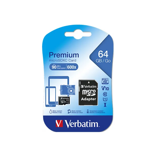 کارت حافظه Micro SDXC ورباتیم مدل Premium کلاس 10 UHS-I سرعت 90MB/S ظرفیت 64 گیگابایت به همراه آداپتور