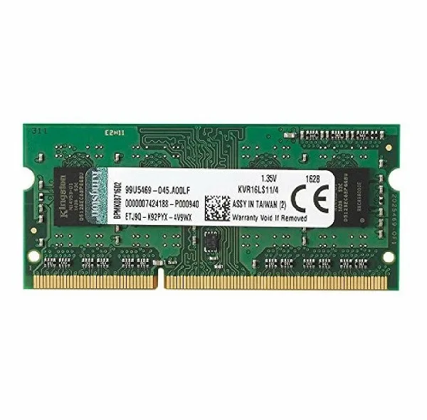 رم لپتاپ DDR3L کینگستون مدل KVR16LS11/GREEN ظرفیت 4 گیگابایت تک کاناله فرکانس 1600 مگاهرتز تایمینگ CL11 ولتاژ 1.35 ولت نوع ماژول SO-DIMM