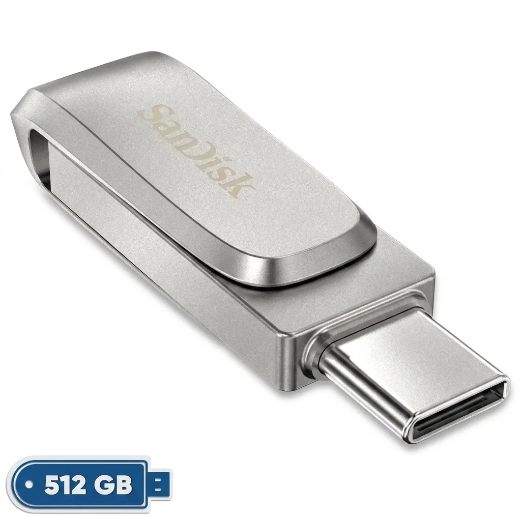 فلش مموری سن دیسک Ultra Dual Drive Luxe ظرفیت 512 گیگابایت با دو رابط USB 3.2 Type-C و Type-A، طراحی چرخشی، بدنه فلزی و سازگار با گوشی، تبلت، کامپیوتر و تلویزیون