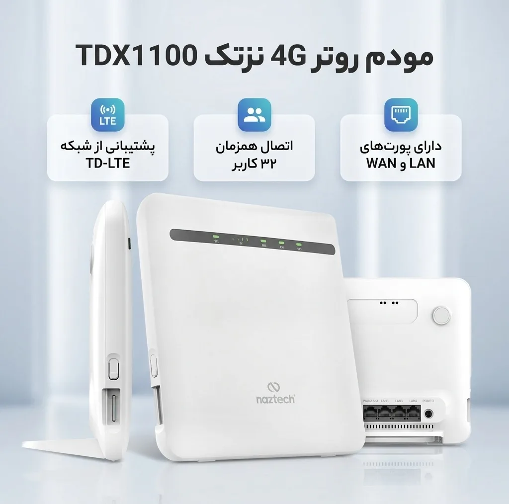 مودم روتر 4G خانگی نزتک مدل TDX1100 با پشتیبانی شبکه TD-LTE، اتصال با سیم و بیسیم، آنتن خارجی، شیار سیمکارت، رابط RJ-45 LAN و ظرفیت پشتیبانی تا 32 کاربر
