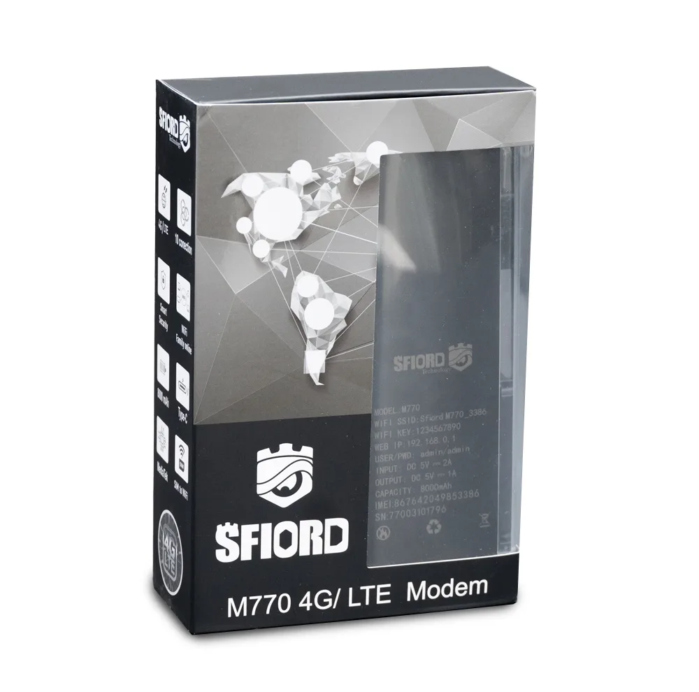 مودم 4G LTE قابل حمل اسفیورد مدل M770 با باتری 8000mAh، پشتیبانی از 10 دستگاه همزمان، سرعت دانلود تا 50Mbps، فایروال داخلی و اتصال وایفای 802.11b/g/n