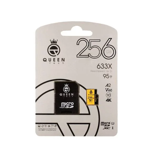 کارت حافظه Micro SD XC کوئین تک مدل A2-V60-633X کلاس 10 استاندارد UHS-l U3 سرعت 95MBps ظرفیت 256 گیگابایت به همراه آداپتور SD