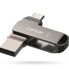 فلش مموری لکسار مدل JumpDrive Dual Drive D400 ظرفیت 64 گیگابایت با رابط USB 3.1 Type-C و Type-A، بدنه فلزی مقاوم در برابر آب، ضربه، شوک و گرد و غبار، سرعت انتقال تا 130 مگابایت بر ثانیه و قابلیت رمزگذاری خودکار داده‌ها