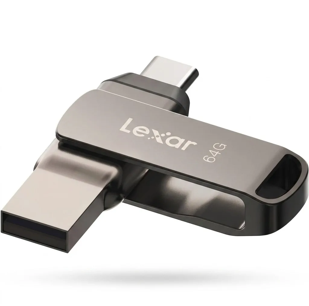 فلش مموری لکسار مدل JumpDrive Dual Drive D400 ظرفیت 64 گیگابایت با رابط USB 3.1 Type-C و Type-A، بدنه فلزی مقاوم در برابر آب، ضربه، شوک و گرد و غبار، سرعت انتقال تا 130 مگابایت بر ثانیه و قابلیت رمزگذاری خودکار داده‌ها