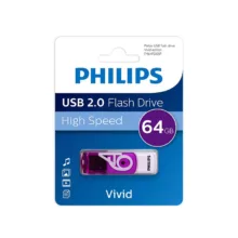 فلش مموری 64 گیگابایت فیلیپس مدل Vivid با رابط USB دو، مقاوم در برابر ضربه و گردوغبار، دارای درپوش چرخشی و شیار اتصال بند