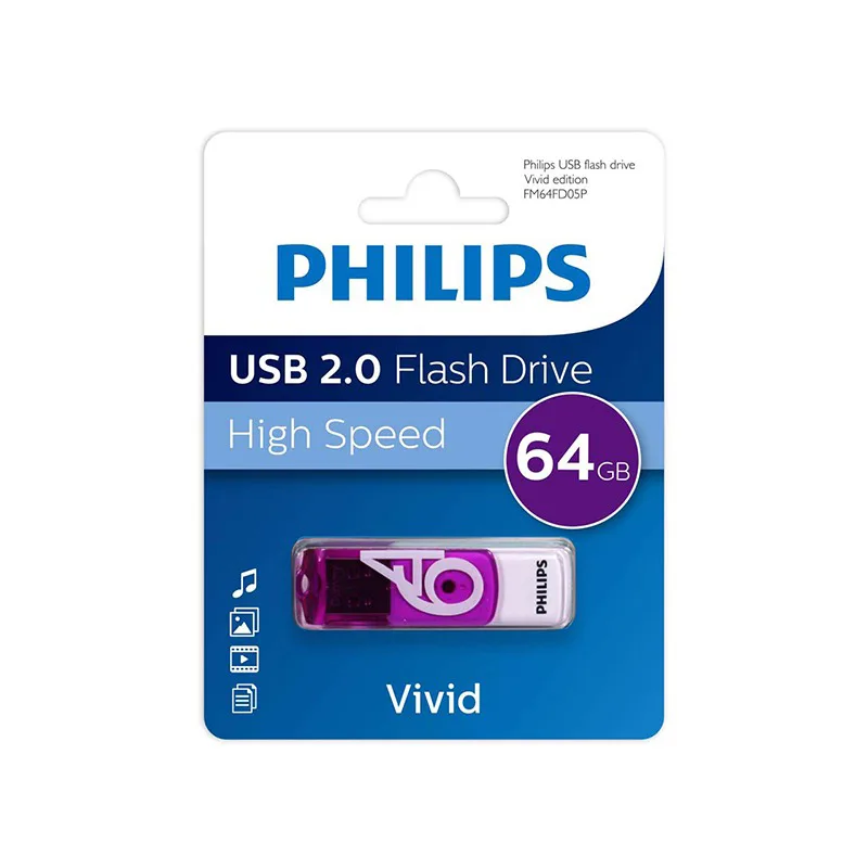 فلش مموری 64 گیگابایت فیلیپس مدل Vivid با رابط USB دو، مقاوم در برابر ضربه و گردوغبار، دارای درپوش چرخشی و شیار اتصال بند