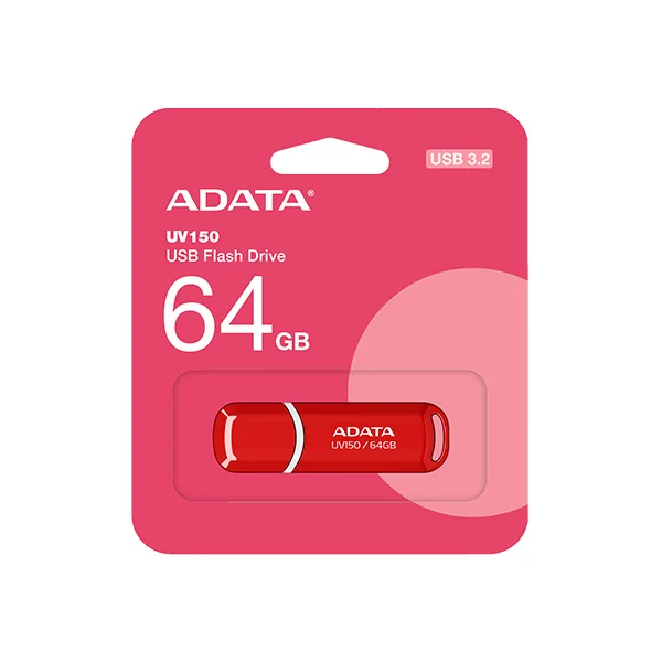 فلش مموری ای دیتا مدل UV150 ظرفیت 64 گیگابایت، رابط USB 3.2 Gen1، سرعت خواندن 90 مگابایت بر ثانیه، طراحی درپوش‌دار، سازگار با گوشی، تبلت، کامپیوتر و تلویزیون