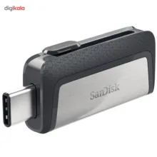 فلش‌مموری سن‌دیسک مدل Ultra Dual Drive USB Type-C ظرفیت 32 گیگابایت با دو درگاه USB3.1 و USB Type-C، سرعت انتقال تا 130 مگابایت بر ثانیه، قابلیت اتصال به گوشی و تبلت، طراحی جمع‌وجور و بدنه ترکیبی فلز و پلاستیک