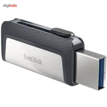 فلش‌مموری سن‌دیسک مدل Ultra Dual Drive USB Type-C ظرفیت 32 گیگابایت با دو درگاه USB3.1 و USB Type-C، سرعت انتقال تا 130 مگابایت بر ثانیه، قابلیت اتصال به گوشی و تبلت، طراحی جمع‌وجور و بدنه ترکیبی فلز و پلاستیک