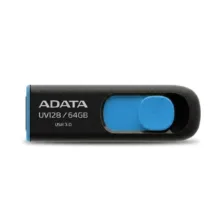 فلش مموری کشویی ای‌دیتا مدل DashDrive UV128 ظرفیت 64GB، رابط USB 3.0 با سرعت خواندن 90 و نوشتن 40MB/s، طراحی ضد خش و ضد گرد و خاک، قابلیت اتصال بند حمل