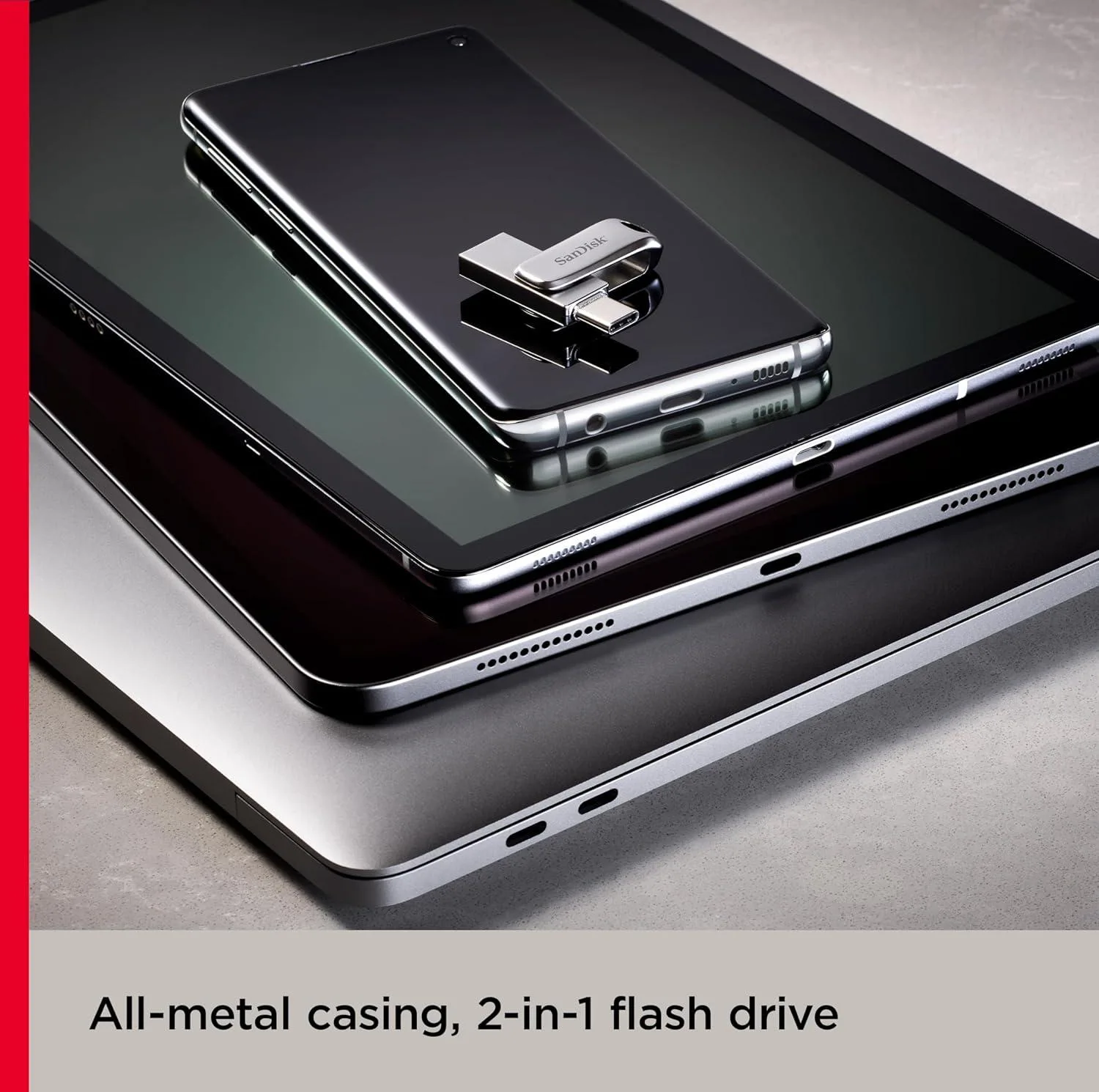 فلش مموری سن دیسک Ultra Dual Drive Luxe ظرفیت 1 ترابایت با دو رابط USB Type-C و USB Type-A، طراحی تاشو، فلزی، سازگار با ویندوز، مک، اندروید و iOS، استاندارد USB 3.2 Gen2