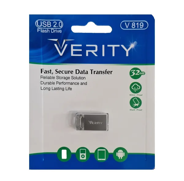 فلش مموری 32 گیگابایت وریتی مدل V-819 با رابط USB 2.0، بدنه فلزی مقاوم و ضد خش، سرعت انتقال 30 مگابایت بر ثانیه، سازگار با گوشی، تبلت، کامپیوتر و تلویزیون