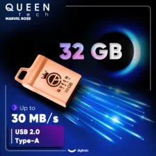 فلش مموری کوئین تک مدل MARVEL ظرفیت 32 گیگابایت رابط USB 2.0، بدنه فلزی مقاوم، طراحی فشرده با بند آویز، ضد آب و ضد شوک، سرعت انتقال 30 مگابایت بر ثانیه، سازگار با کامپیوتر، لپ‌تاپ، موبایل و تبلت