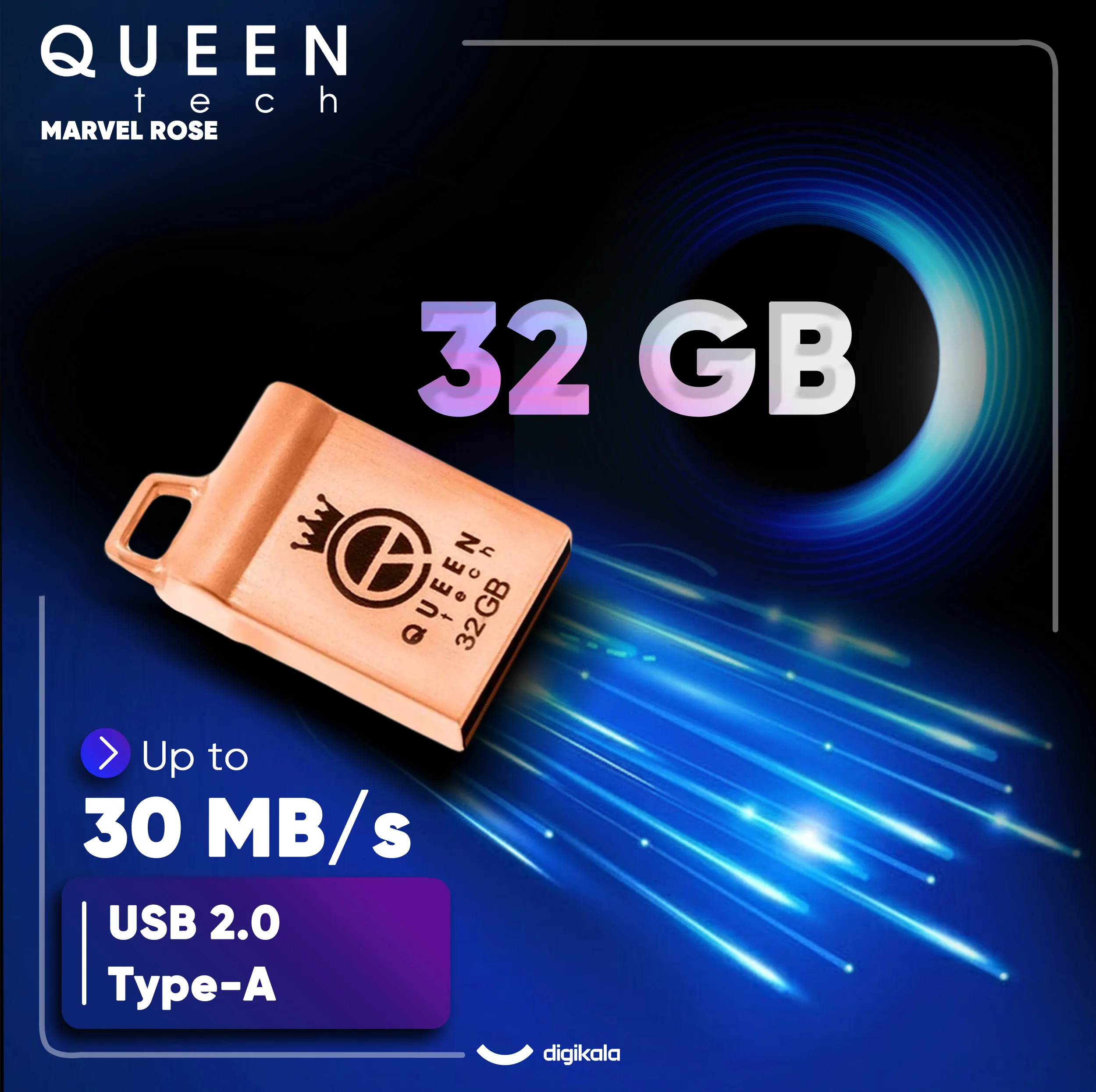 فلش مموری کوئین تک مدل MARVEL ظرفیت 32 گیگابایت رابط USB 2.0، بدنه فلزی مقاوم، طراحی فشرده با بند آویز، ضد آب و ضد شوک، سرعت انتقال 30 مگابایت بر ثانیه، سازگار با کامپیوتر، لپ‌تاپ، موبایل و تبلت