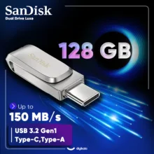 فلش مموری 128 گیگابایت سن دیسک مدل Ultra Dual Drive Luxe با دو رابط USB Type-C و USB Type-A، سرعت انتقال 150 مگابایت بر ثانیه، بدنه فلزی و سازگار با ویندوز، مک، اندروید و iOS