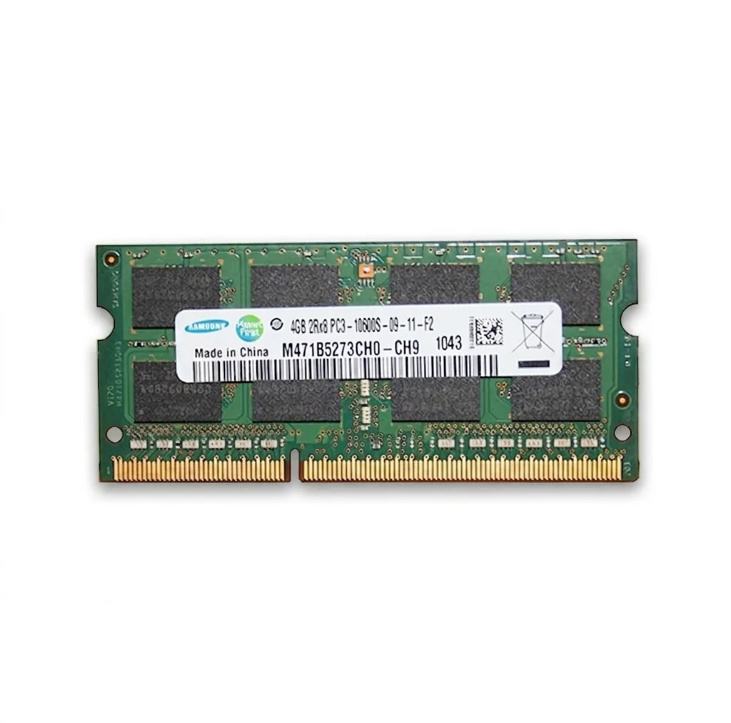 رم لپ‌تاپ DDR3 تک کاناله 4 گیگابایت سامسونگ مدل M471B5273CH0-CH9 فرکانس 1333 مگاهرتز، تایمینگ CL9، ولتاژ کاری 1.5 و 1.35 ولت، نوع SO-DIMM با 204 پین