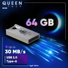 فلش مموری کوئین تک مدل GLINK ظرفیت 64 گیگابایت با رابط USB 2.0، بدنه فلزی مقاوم در برابر آب و ضربه، طراحی فشرده و زنجیر محافظ، سرعت انتقال 30 مگابایت بر ثانیه، سازگار با انواع سیستم‌عامل‌ها و دستگاه‌های USB