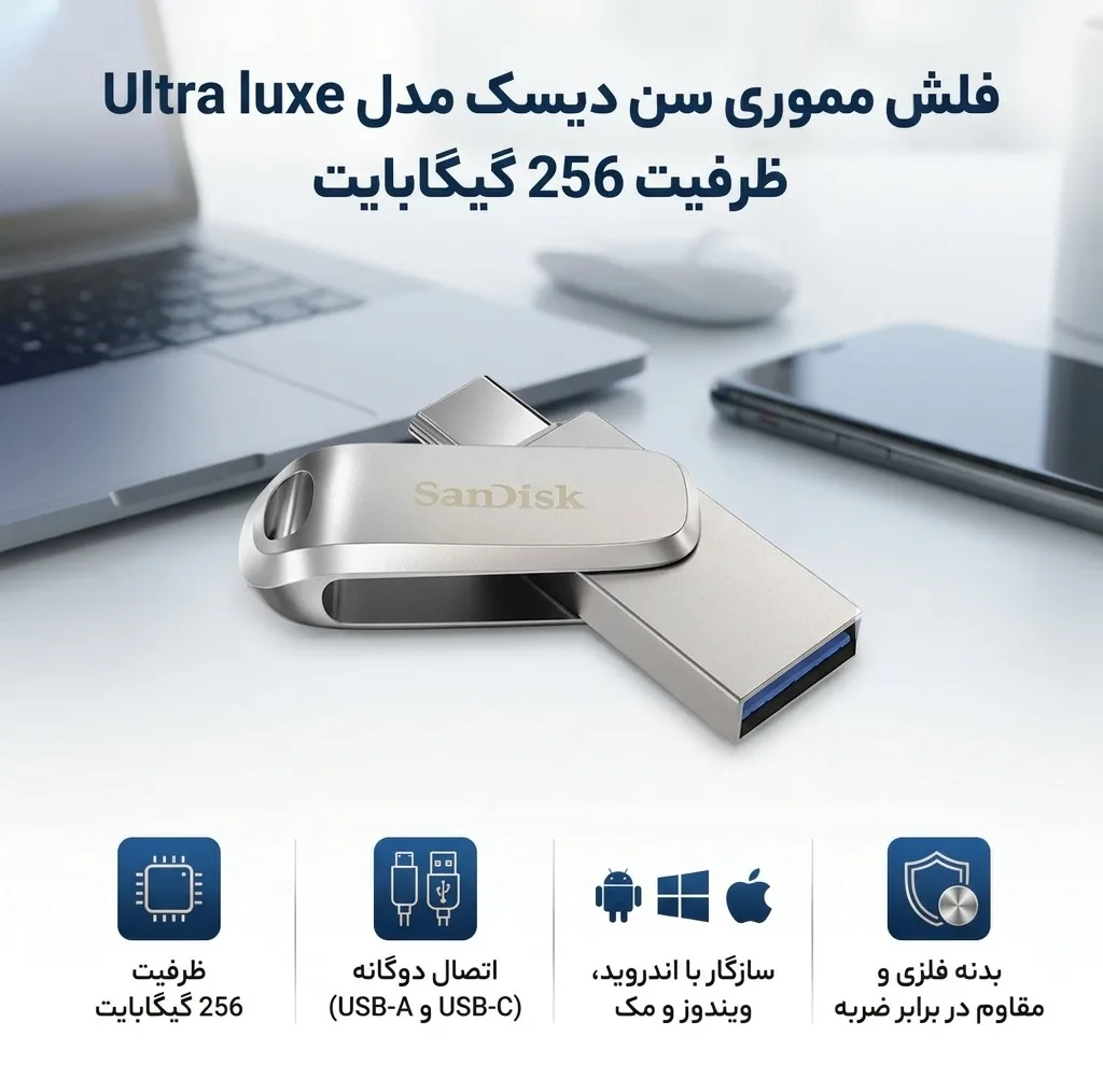 فلش مموری 256 گیگابایت سن دیسک مدل Ultra luxe با طراحی تاشو و OTG، مقاوم در برابر ضربه، سازگار با اندروید، ویندوز و مک