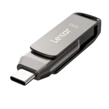 فلش مموری لکسار مدل JumpDrive Dual Drive D400 ظرفیت 32 گیگابایت، دو درگاه USB Type-C و Type-A، سرعت انتقال 130 مگابایت بر ثانیه، مقاوم در برابر آب، ضربه، شوک و گرد و غبار، بدنه فلزی چرخشی و رمزگذاری خودکار اطلاعات