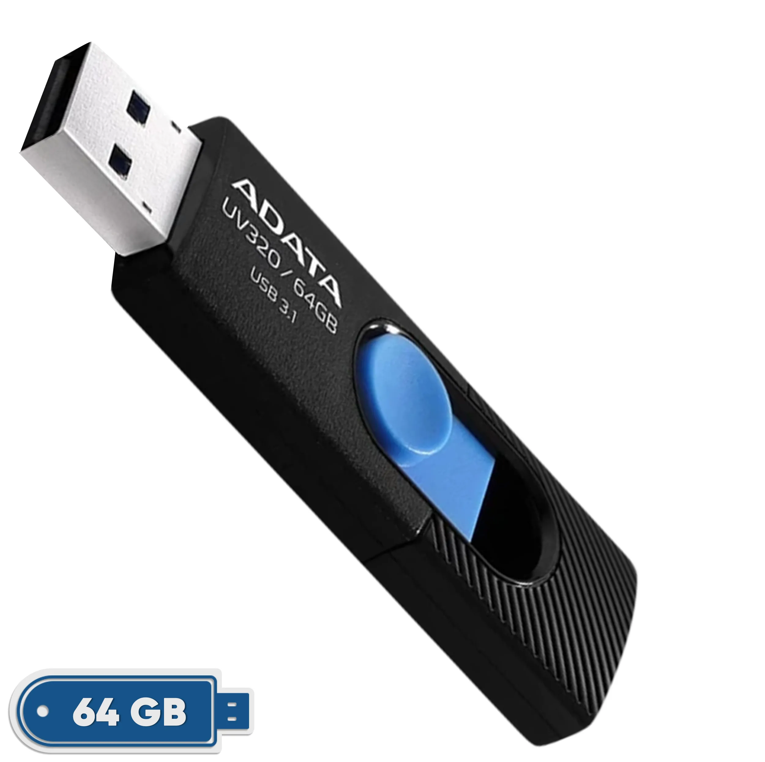فلشمموری کشویی ای دیتا مدل UV320 ظرفیت 64 گیگابایت با رابط USB 3.2 Gen1 سرعت انتقال تا 10 گیگابیت بر ثانیه و سازگار با ویندوز، مک، لینوکس، گوشی و تلویزیون