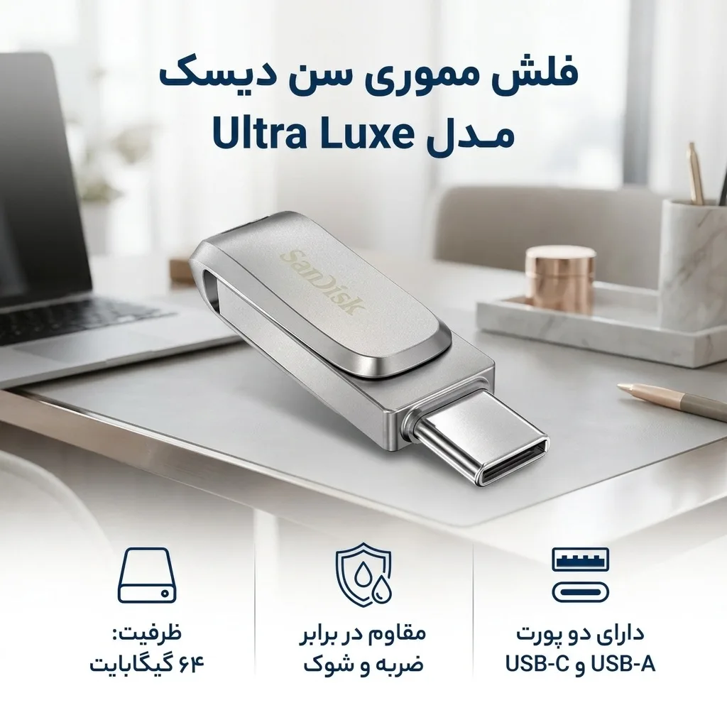 فلش مموری 64 گیگابایت سن دیسک مدل اولترا ultra luxe، مقاوم در برابر ضربه، شوک و لرزش