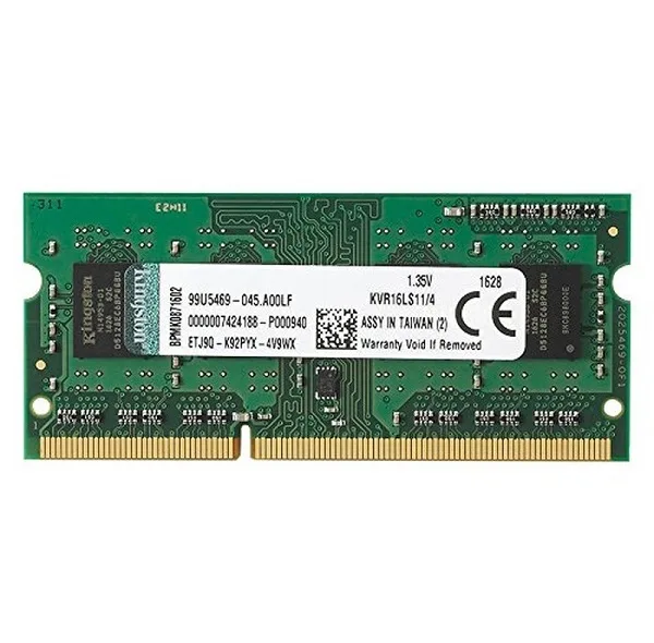 رم لپ‌تاپ کینگستون DDR3L تک کاناله 4 گیگابایت مدل KCPC3L فرکانس 1600 مگاهرتز تایمینگ CL11 ولتاژ 1.35 ولت نوع ماژول SO-DIMM