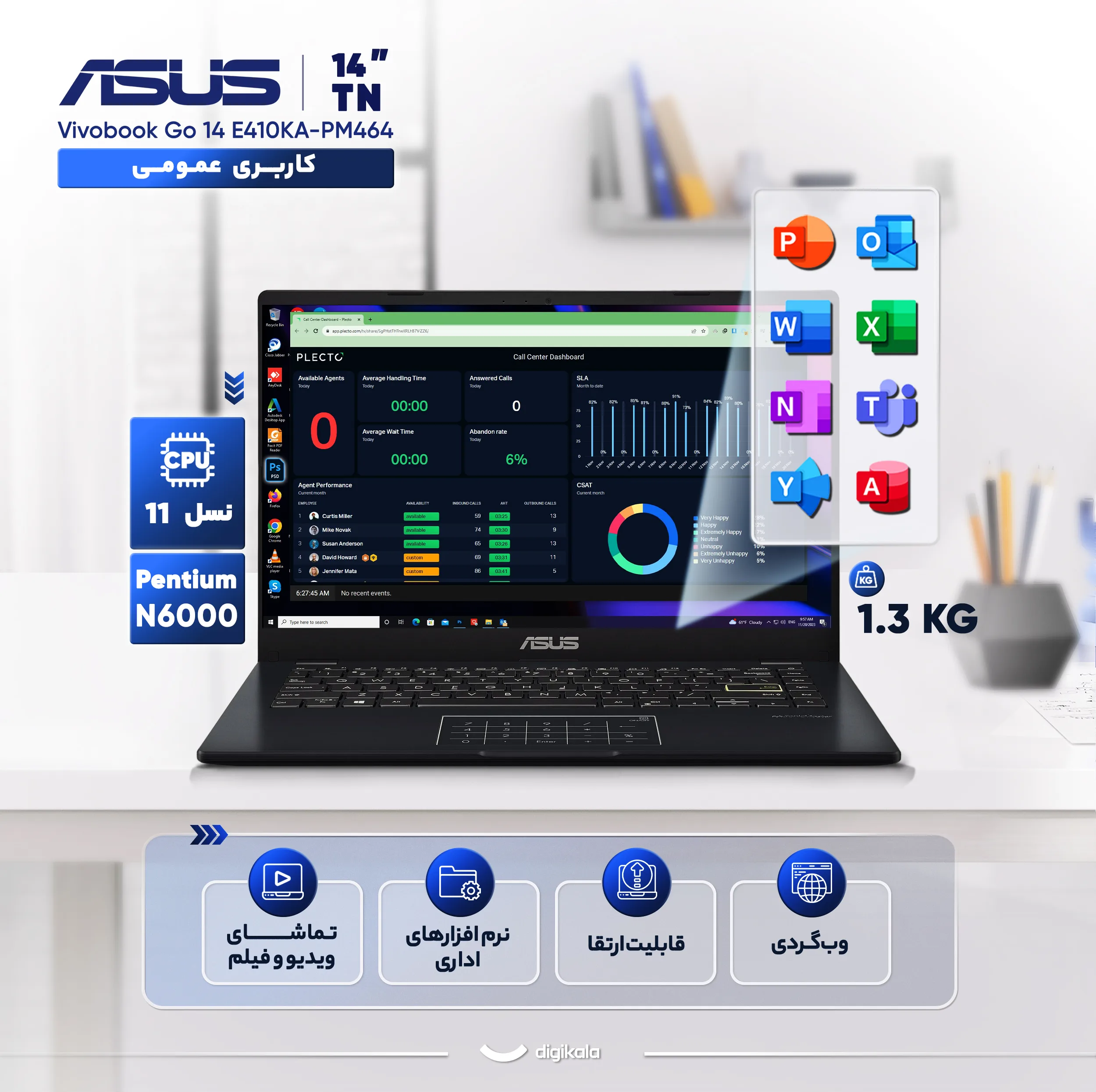 لپ‌تاپ ایسوس مدل Vivobook Go 14 E410KA-PM464 با پردازنده Pentium Silver N6000، رم DDR4 4GB با فرکانس 3200MHz، حافظه داخلی eMMC با ظرفیت 64GB، نمایشگر 14 اینچ TN با وضوح HD، دارای نامبرپد دیجیتال و سیستم‌عامل Windows 11