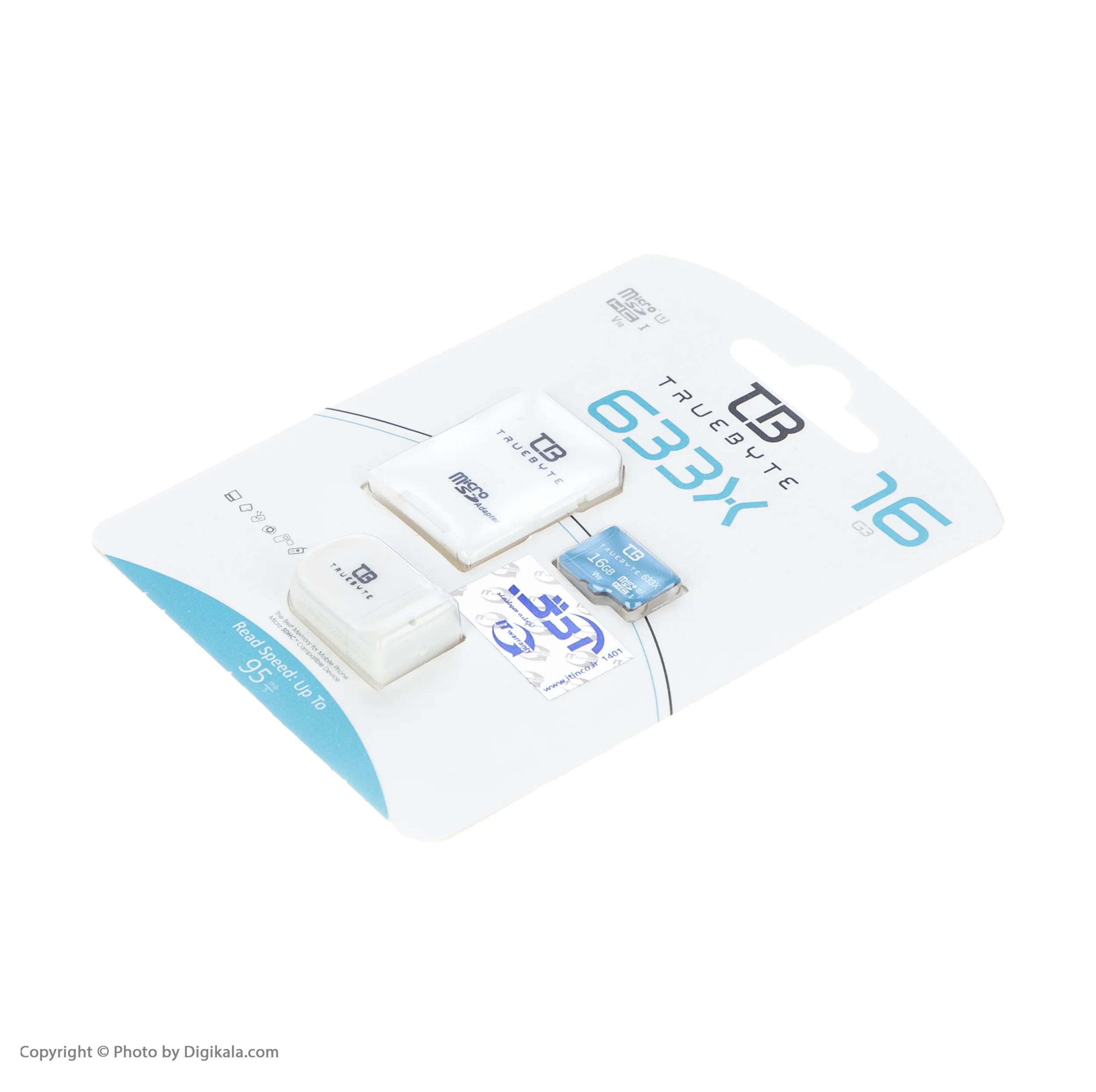 کارت حافظه MicroSDHC تروبایت مدل 633X-V10 کلاس 10 استاندارد UHS-I U1 سرعت 95MBPS ظرفیت 16 گیگابایت به همراه آداپتور SD و کارت‌خوان