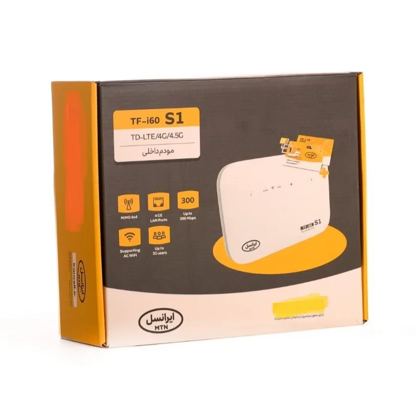مودم 4G قابل حمل ایرانسل مدل TF-i60 S1 با پشتیبانی TD-LTE و 4.5G، حداکثر سرعت دانلود 300 مگابیت، اتصال هم‌زمان 32 کاربر، وای‌فای AC دو بانده 2.4 و 5 گیگاهرتز و 4 پورت LAN