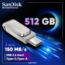 فلش مموری سن دیسک Ultra Dual Drive Luxe ظرفیت 512 گیگابایت با دو رابط USB 3.2 Type-C و Type-A، طراحی چرخشی، بدنه فلزی و سازگار با گوشی، تبلت، کامپیوتر و تلویزیون