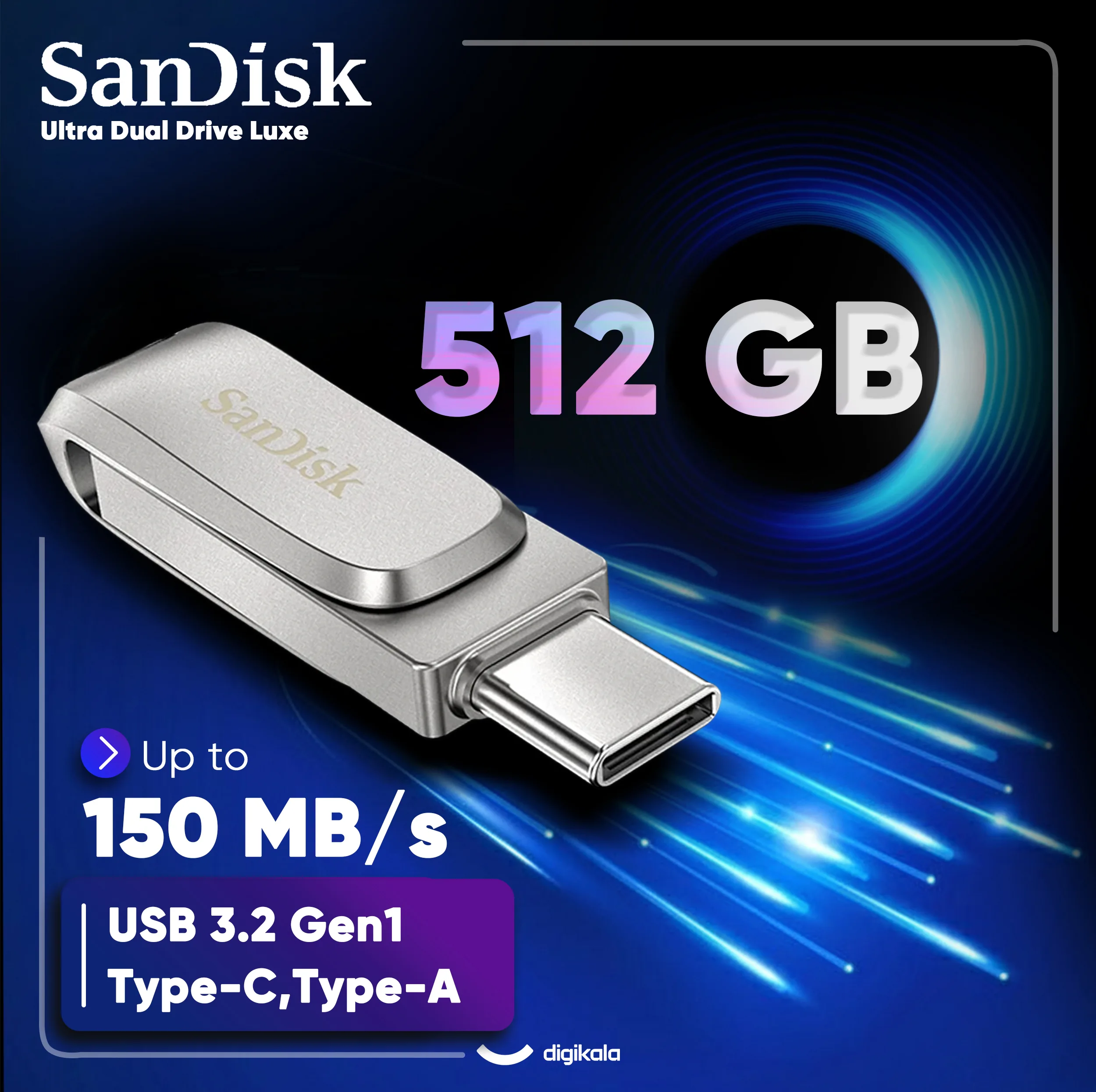 فلش مموری سن دیسک Ultra Dual Drive Luxe ظرفیت 512 گیگابایت با دو رابط USB 3.2 Type-C و Type-A، طراحی چرخشی، بدنه فلزی و سازگار با گوشی، تبلت، کامپیوتر و تلویزیون