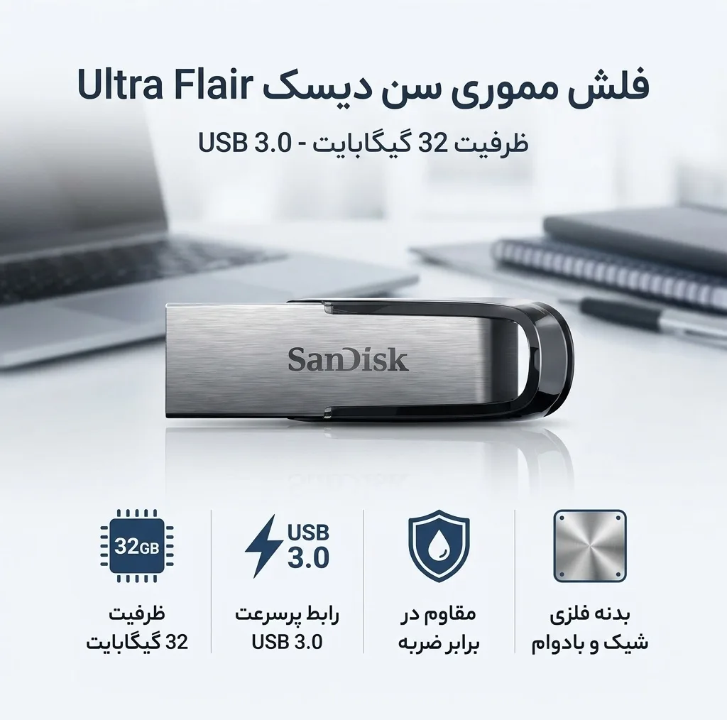 فلش مموری سن دیسک مدل Ultra Flair ظرفیت 32 گیگابایت رابط USB 3.0 مقاوم در برابر ضربه