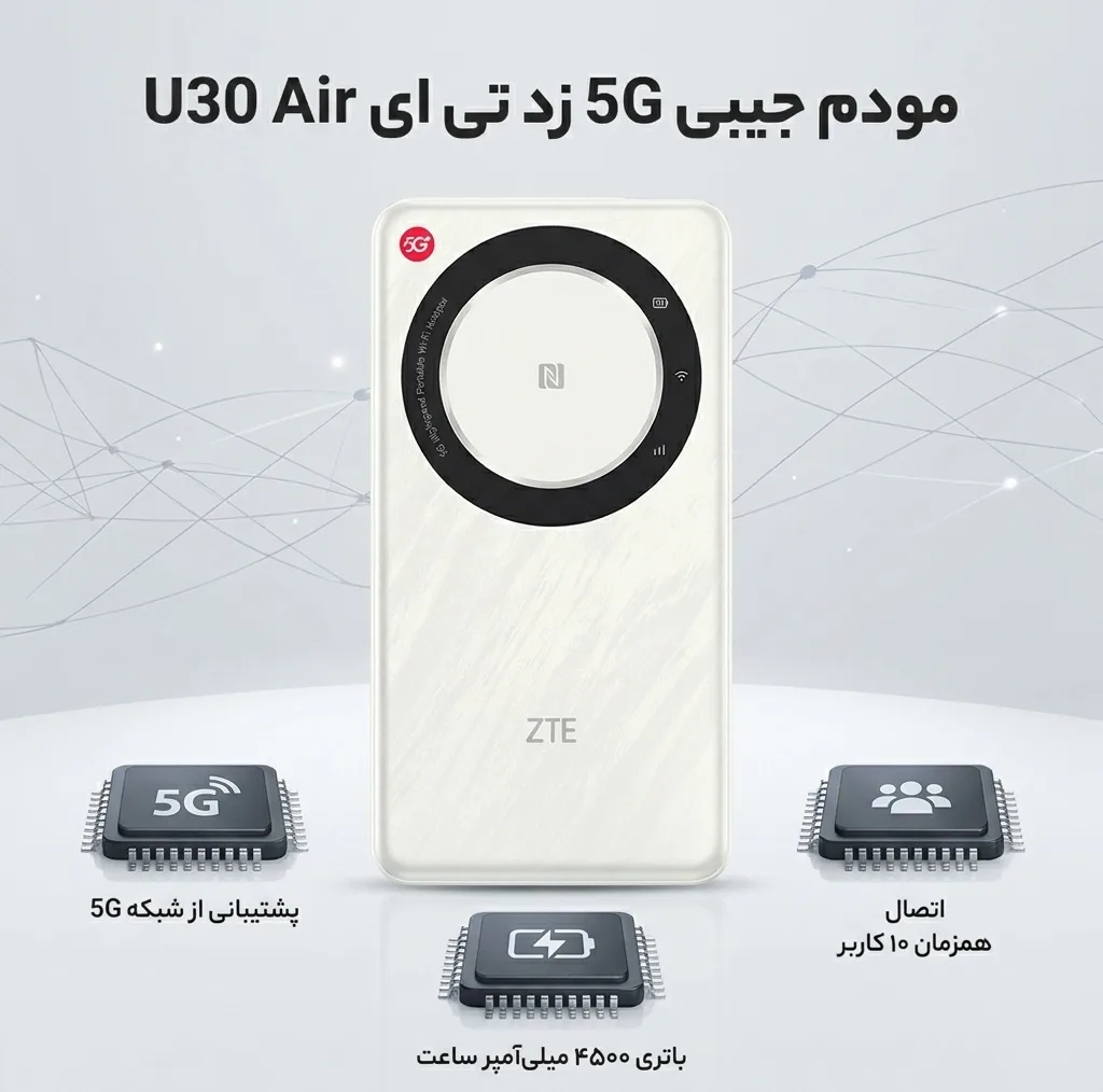 مودم جیبی 5G زد تی ای مدل U30 Air با باتری 4500 میلی‌آمپر ساعت، پشتیبانی از 10 کاربر همزمان، اتصال بی‌سیم Wi-Fi و درگاه USB Type-C برای اینترنت پرسرعت همراه