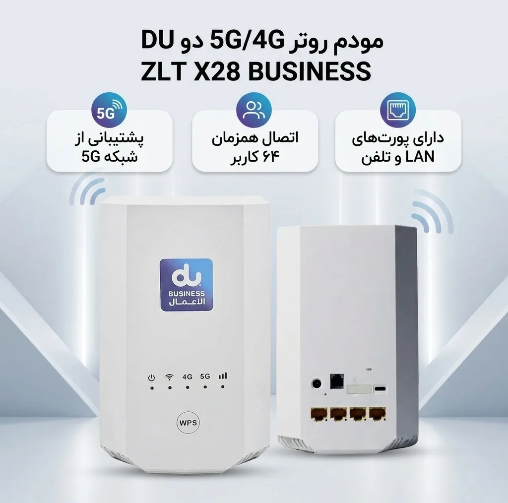 مودم روتر 5G، 4G، 3G دو مدل DU ZLT X28 BUSINESS با پشتیبانی همه سیم‌کارت‌ها، تجمیع باند، اتصال دوگانه بی‌سیم و با سیم، ظرفیت 64 کاربر، خروجی تلفن برای استفاده خانگی، اداری و گیمینگ