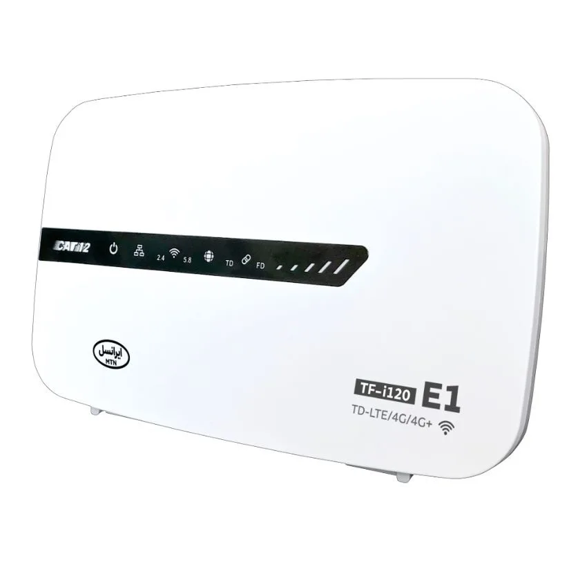 مودم 4G ایرانسل مدل TF-i120 E1 با فناوری LTE Cat 12، سرعت دانلود 600 مگابیت بر ثانیه، آپلود 100 مگابیت بر ثانیه، وای‌فای دوبانده 2.4 و 5.8 گیگاهرتز، پشتیبانی همزمان 50 کاربر، چهار پورت اترنت، مناسب استفاده خانگی و اداری