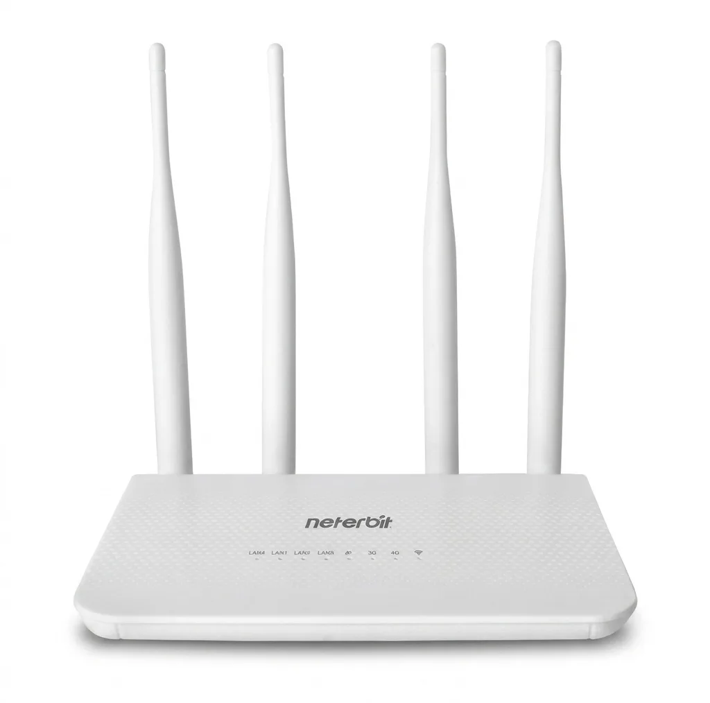 مودم 4G LTE نتربیت مدل NW-431F با پشتیبانی از استاندارد Wi-Fi 4، سرعت 300Mbps در باند 2.4GHz، چهار پورت LAN برای اتصال سیمی پایدار و منبع تغذیه آداپتور برق