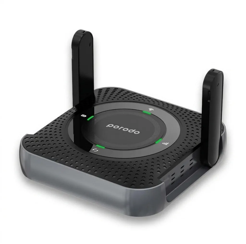 مودم روتر قابل حمل پرودو مدل PD-4GCPME-BKGY با پشتیبانی 4G LTE، باتری 4000 میلی‌آمپرساعتی با شارژدهی 12 ساعت، اتصال همزمان تا 10 دستگاه، پورت LAN و فرکانس 2.4 گیگاهرتز