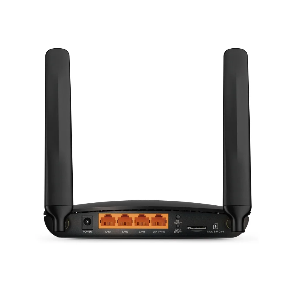 روتر 4G LTE خانگی و اداری تی پیلینک مدل TL-MR6400 V5 با دو آنتن خارجی، فرکانس 2.4 گیگاهرتز، سرعت 300 مگابیت بر ثانیه، پورت LAN/WAN 10/100 مگابیتی، پشتیبانی از 64 کاربر و فایروال پیشرفته