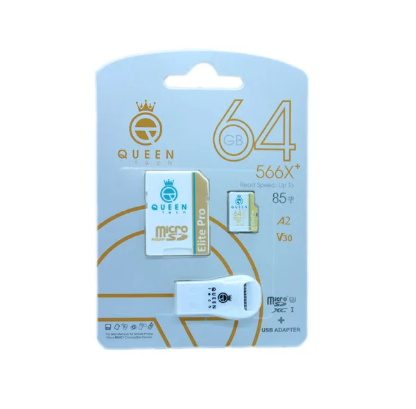 کارت حافظه Micro SDXC کوئین تک مدل Elite pro A2-V30-566X PLUS کلاس 10 استاندارد UHS-l U3 سرعت 85mbps ظرفیت 64 گیگابایت به همراه آداپتور SD و کارت خوان USB
