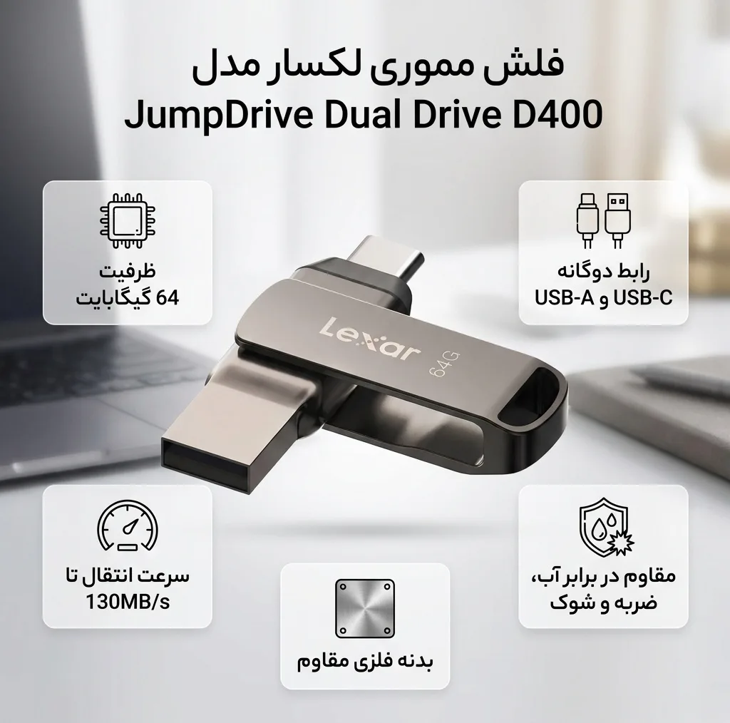 فلش مموری لکسار مدل JumpDrive Dual Drive D400 ظرفیت 64 گیگابایت با رابط USB 3.1 Type-C و Type-A، بدنه فلزی مقاوم در برابر آب، ضربه، شوک و گرد و غبار، سرعت انتقال تا 130 مگابایت بر ثانیه و قابلیت رمزگذاری خودکار دادهها