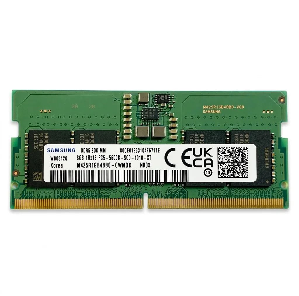 رم لپ‌تاپ 8 گیگابایت DDR5 سامسونگ مدل M425R1GB4BB0 با فرکانس 5600 مگاهرتز، تایمینگ CL46 و فرم‌فکتور SO-DIMM 262 پین
