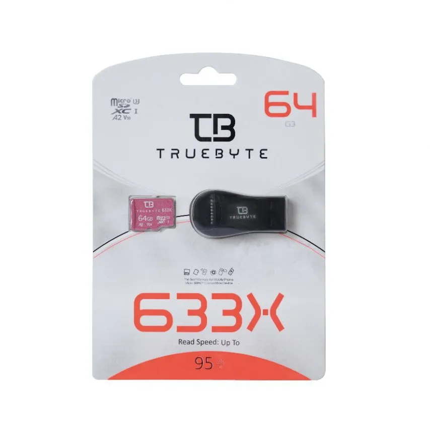 کارت حافظه microSD XC تروبایت مدل 633X-A2-V30 کلاس 10 استاندارد UHS-I U3 سرعت 95MBps ظرفیت 64 گیگابایت به همراه کارتخوان