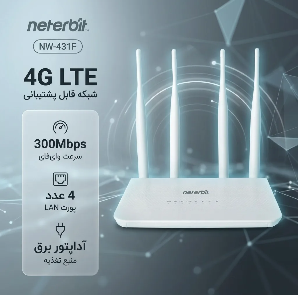 مودم 4G LTE نتربیت مدل NW-431F با پشتیبانی از استاندارد Wi-Fi 4، سرعت 300Mbps در باند 2.4GHz، چهار پورت LAN برای اتصال سیمی پایدار و منبع تغذیه آداپتور برق
