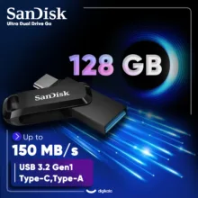 فلش مموری دو رابط سن دیسک مدل Ultra Dual Drive Go ظرفیت 128 گیگابایت با USB 3.2 Gen1، طراحی چرخشی، بدنه فلزی، سازگار با گوشی، تبلت، کامپیوتر و تلویزیون